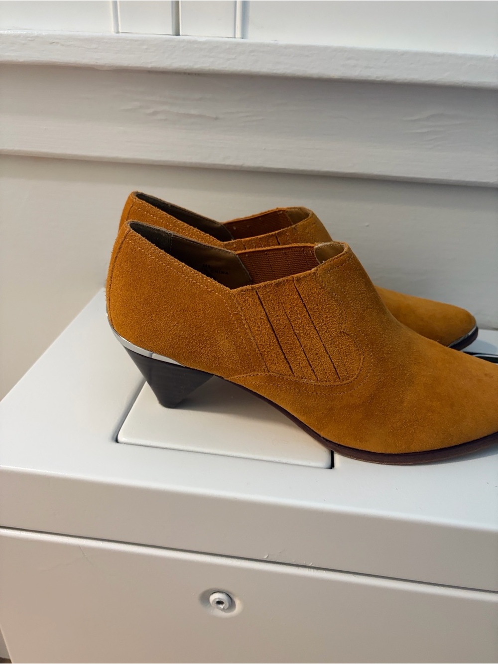 Joie Mustard Suede Ankle Booties with Low Stacked Heel